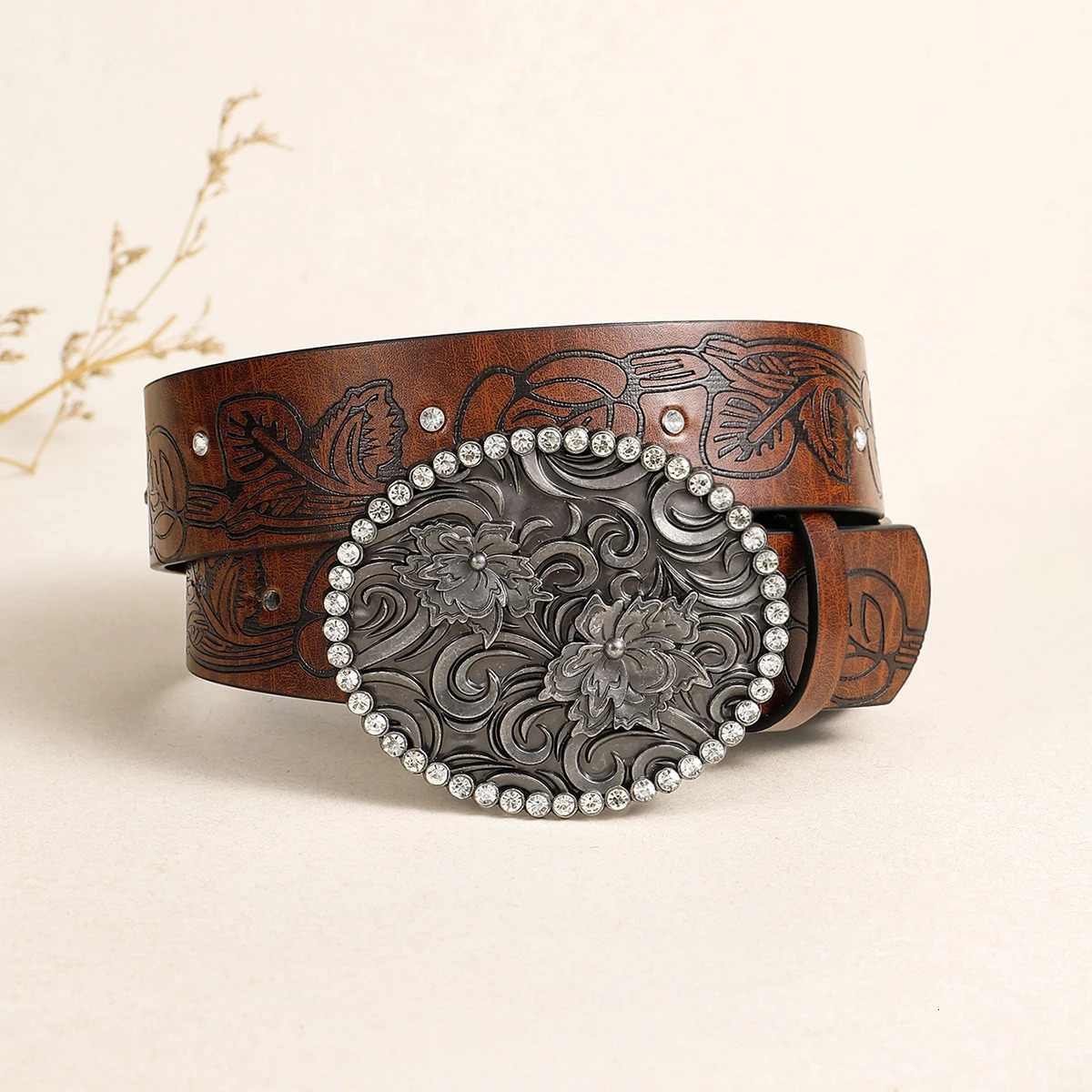 Tang Cao Pattern Retro Belt Buckle Street Dance Hip Hop Big Head Belt Western Denim Buckle Unisex Belt 250520
