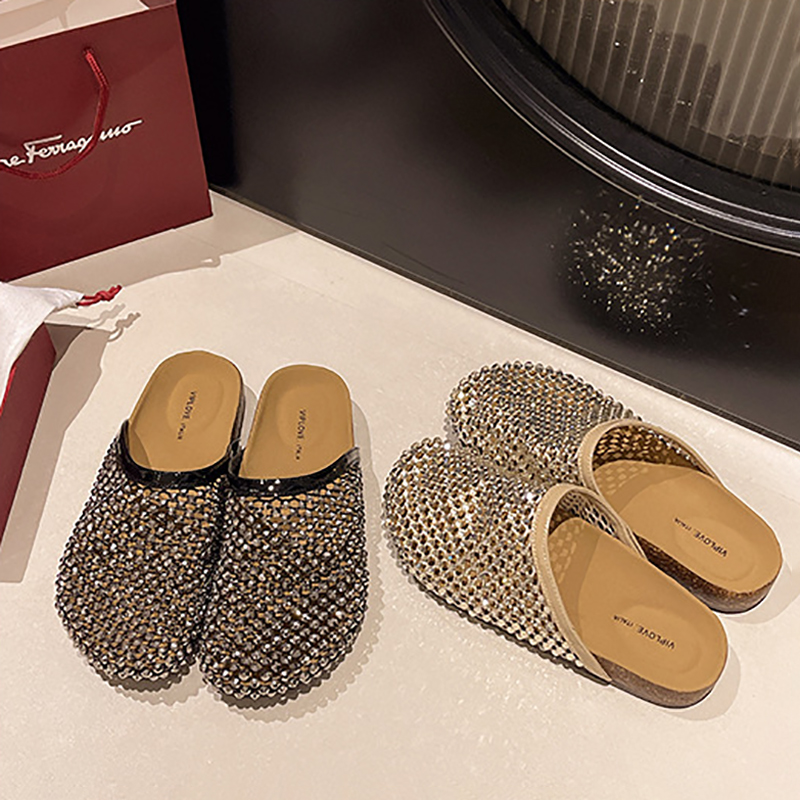 designer slides womens sandals slip-on slippers clogs sliders flat heels summer rhinestone glint fishing net sandal fashion sliders casual thick-soled
