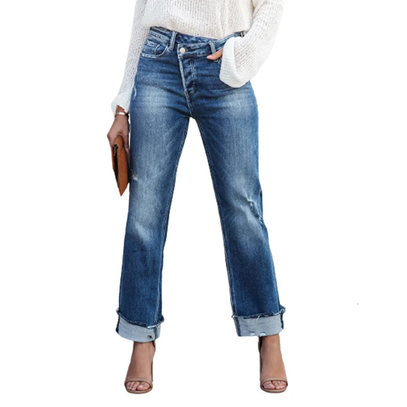 Women Mid Waist Slant Button Splicing Straight Jeans Fashion Broken Holes Denim Pants Female Urban Casual Trousers 250516Z