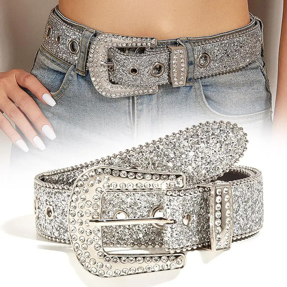 Skull Rivet Rhinestone Bb Belts Trendy Solid Color Sparkling PU Leather Belt Cowboy Cowgirl Jeans Pants Belt For Women Girls 250523
