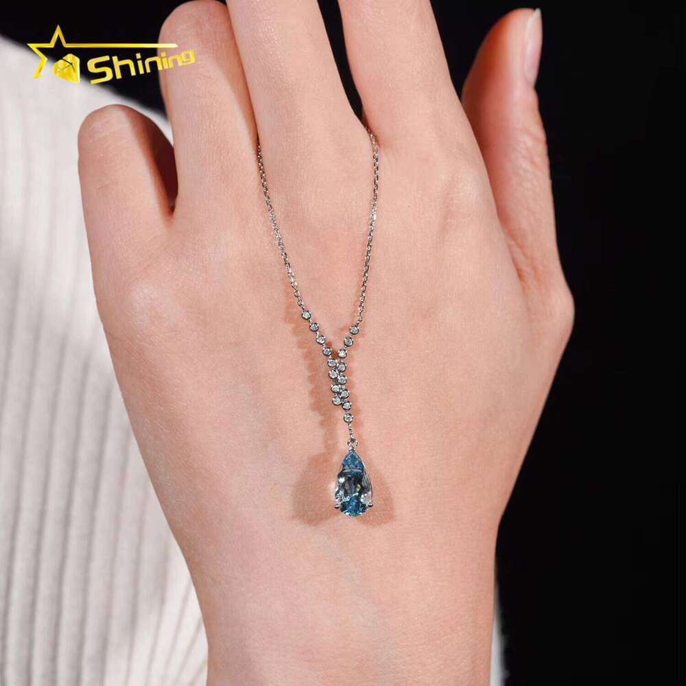 Trendy AU750 Solid Real Gold Dia Women Fine Jewelry Pear Cut Lab Sapphire Pendant Necklace