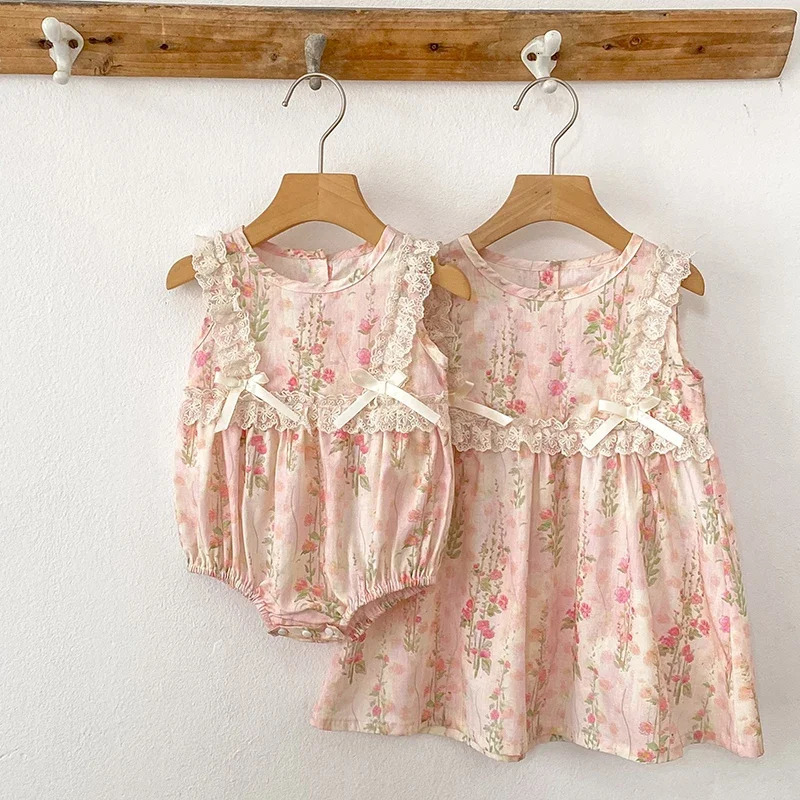 Family Matching Sister Outfit Summer Baby Girl Clothes Pink Lace Bow Flower Girls Dress Cotton Romper Princess 250528