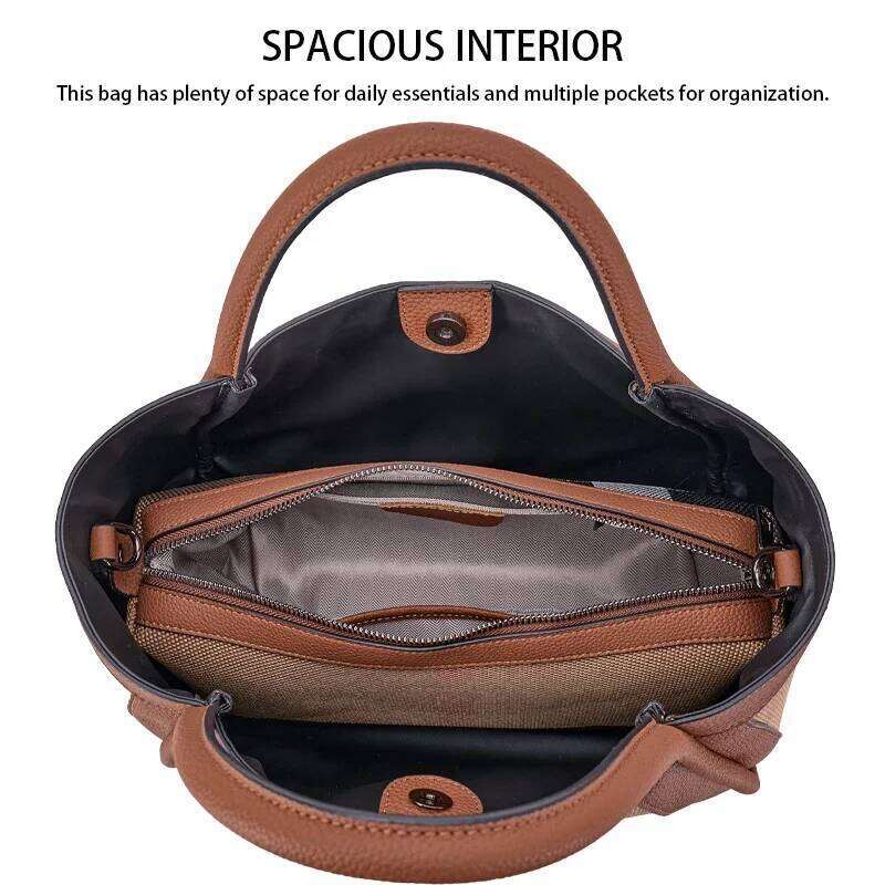 Stripes Tote Handbag Crossbody Canvas Genuine Leather Women's Bags Large Retro Checkered Shoulder Messenger Bag