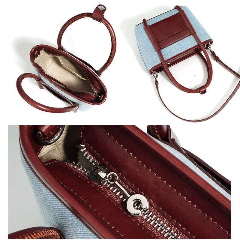 2024 New Women Bag Lady Summer Mini Basket Handbag Tote Female Denim Fabric With Genuine Leather Cross-Body Shoulder Messenger