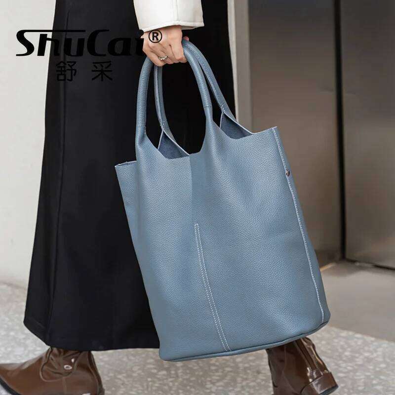 Genuine Commuter Women Bucket Bag Niche Simple Ladies Soft Leather Tote Shoulder Handbag Large Capacity 2025 New