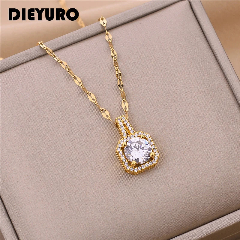 DIEYURO 316L Stainless Steel Square 3 Color Crystal Zircon Clavicle Chain High Quality Beauty Pendant Necklace For Women Wedding 250519