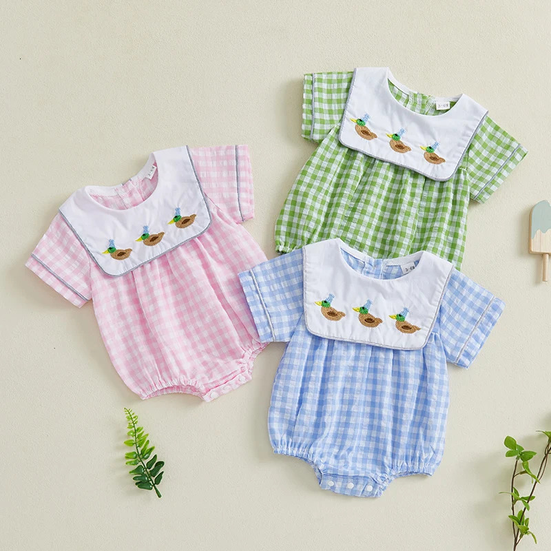 Pudcoco Infant Baby Girl Summer Casual Romper Short Sleeve O Neck Duck Embroidery Plaid Romper 0-18M 250528