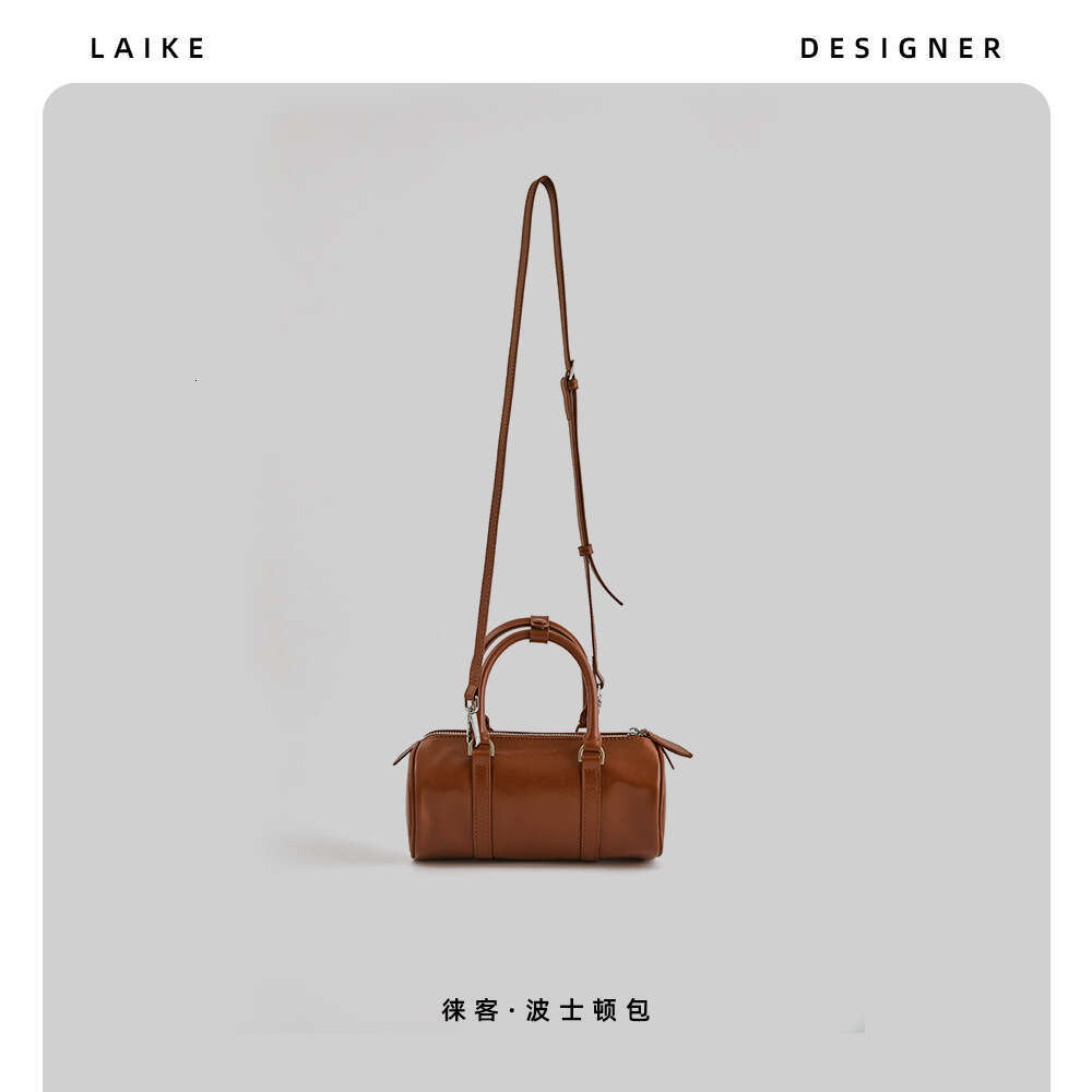 New Genuine Leather Women's High-end First Layer Cowhide Round Barrel Pillow Niche Simple Boston Shoulder Crossbody Bag