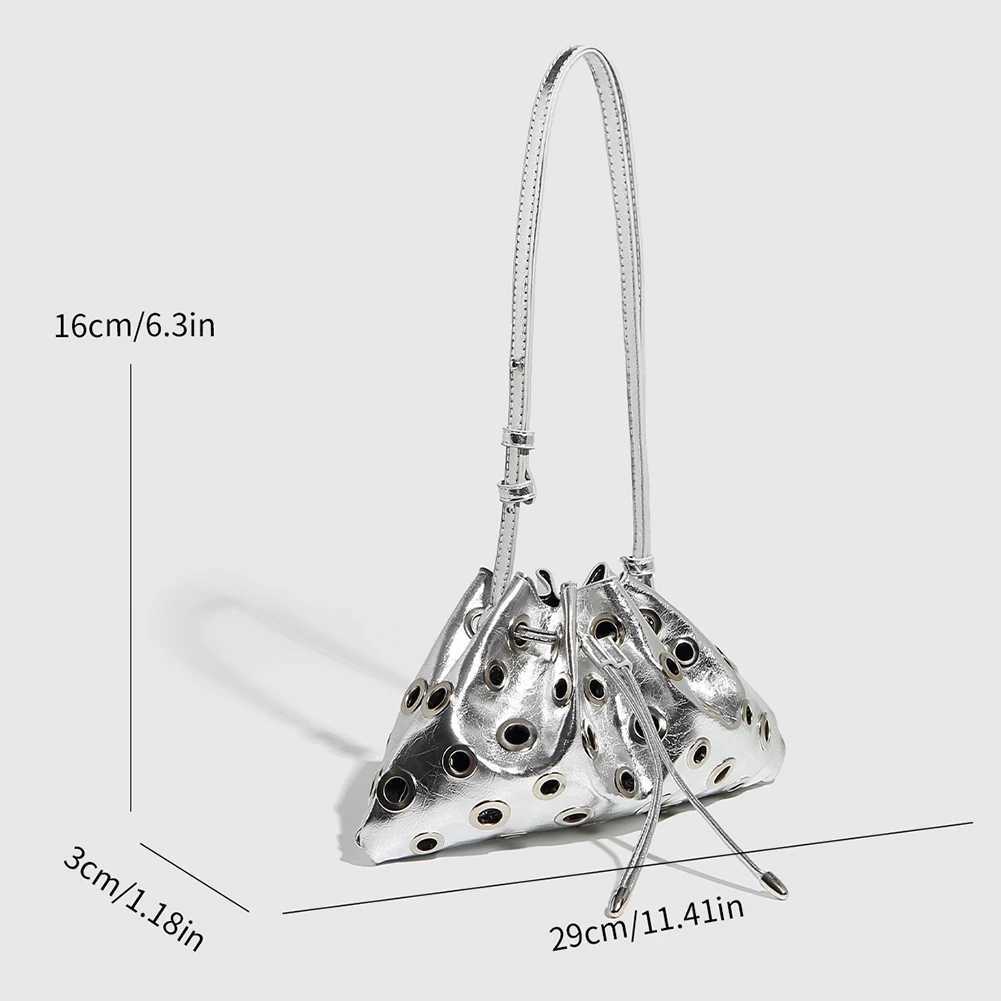 Women Metal Stud Y2k Shoulder Bag Large Capacity Retro Hollow Handbag Drawstring Crossbody Bag Shopping Vacation Handbag Y250528