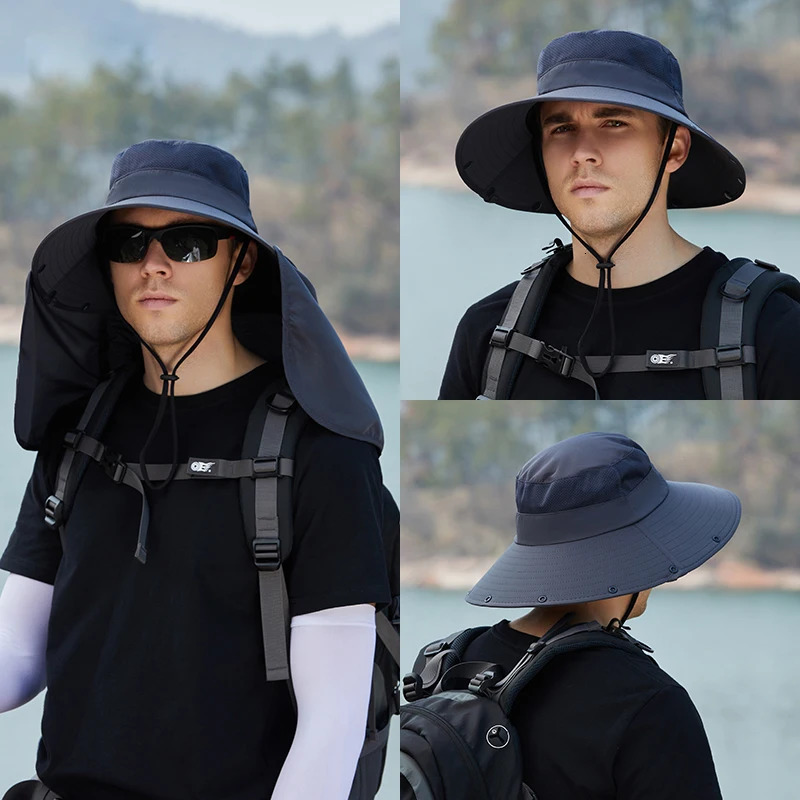 Xinbaoguan 100% Polyester Mens Summer Outdoor Big brim Neck Protection Sun Protection Hat Fishermans Hat 250523