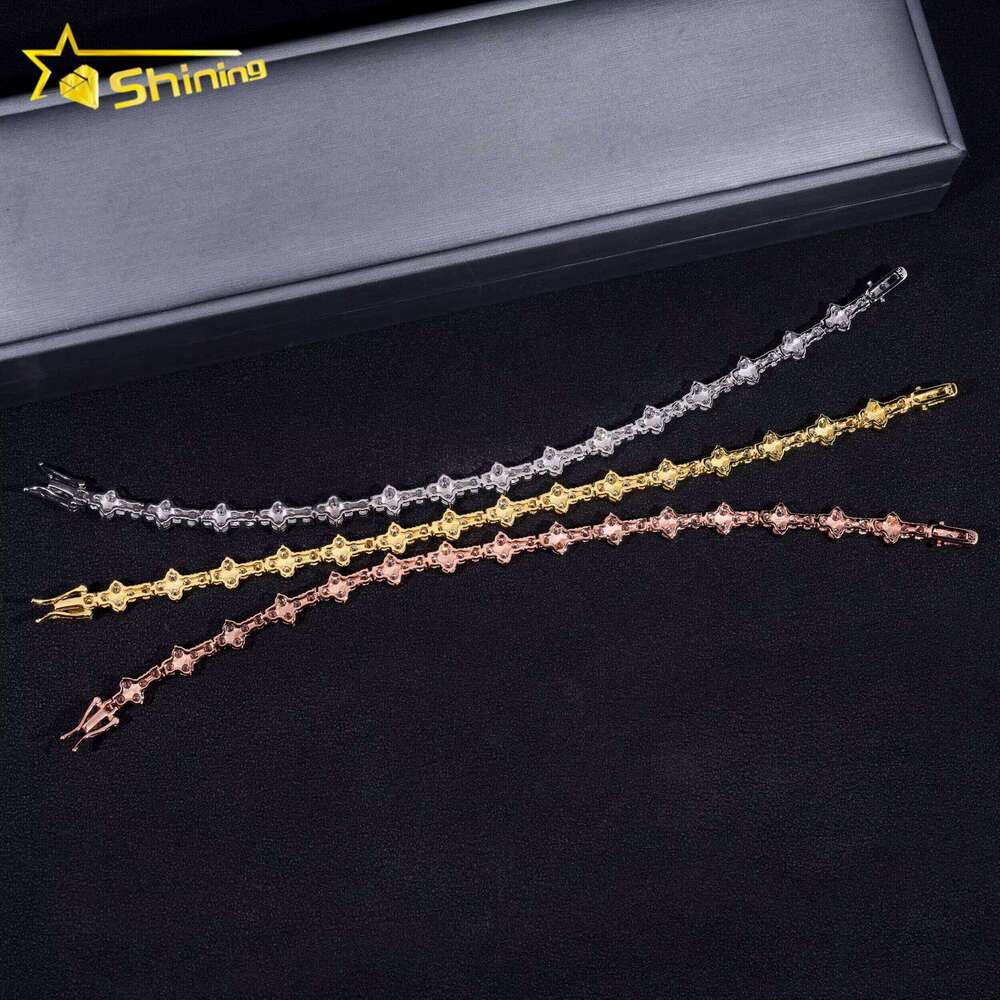 Stylish New Arrival Fashion Femme Design Sier VVS Moissanite Dia Iced Out Four Leaf Clover Cross Tennis Chain Bracelet