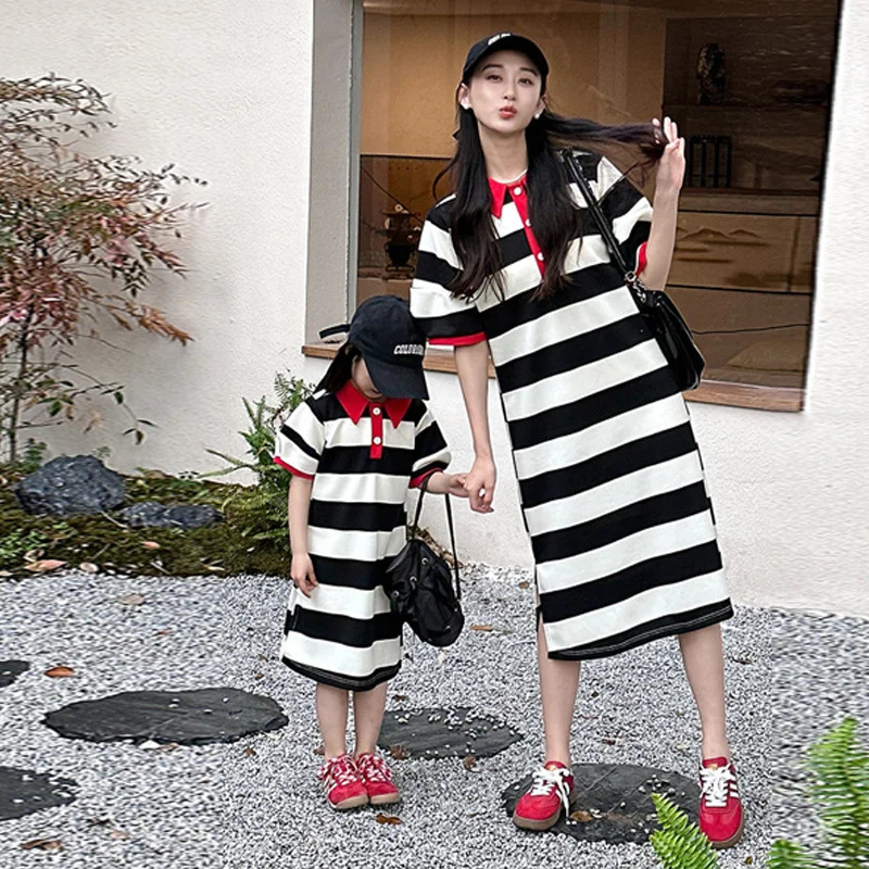 Mother-daughter Dress Parent-child Summer T-shirt Gown Childrens Striped Clothing Kids Girls Polo Shirt Loose Dresses 250528