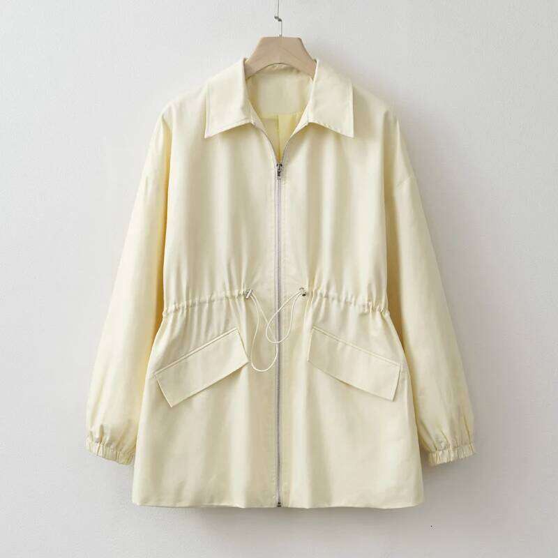 2025 Women Spring / Autumn Light Yellow Adjustable waist Zip Jacket