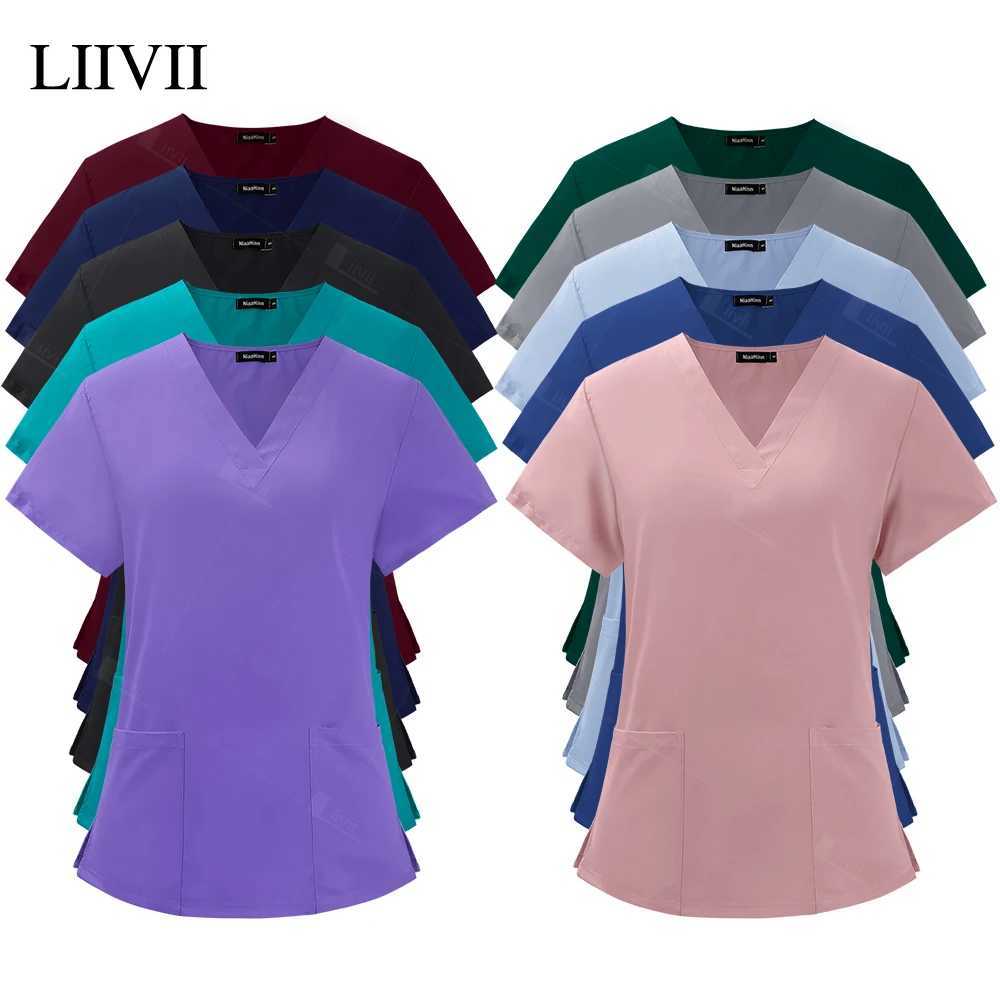 Summer Womens Short Slve V-Neck Pocket Care Workers T-Shirt Tops Summer Workwear Top Sexy Printed Nurse Uniform Clinic Blouse X250528