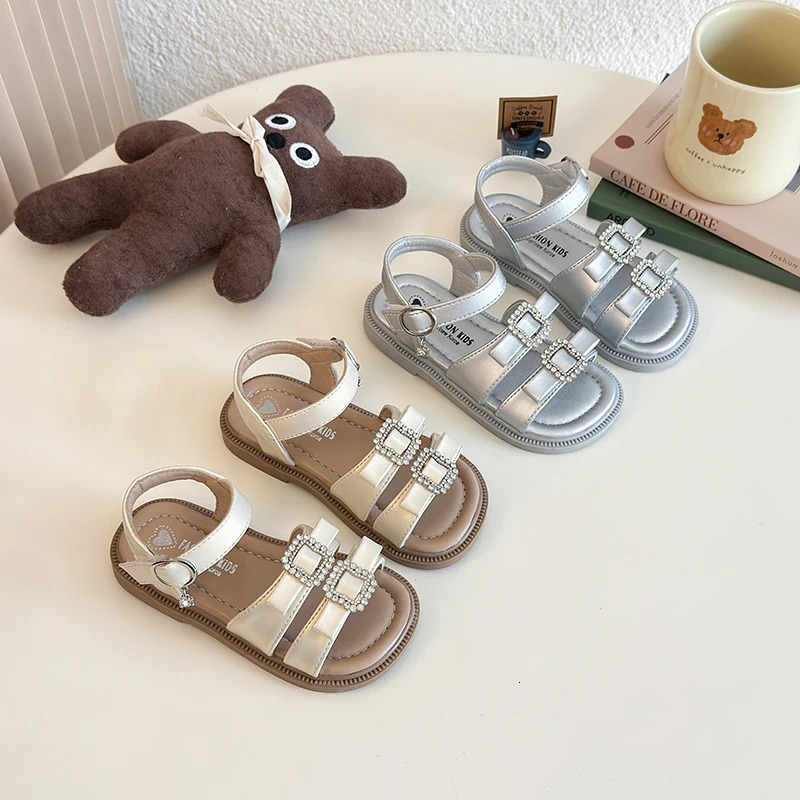 Girls Rhinestone Buckle Sandals Gold/Silver Soft Leather Summer Shoes for Toddlers 3-8 250528