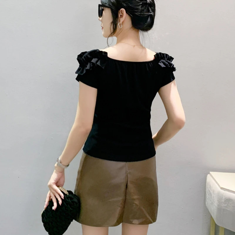 2024 Summer European Clothes TShirt Chic Sexy Off Shoulder Patchwork Ruffles Diamonds Tops Short Sleeve Tees 078 250519
