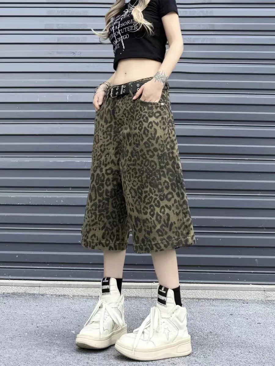 Vintage Leopard Print n Sevenpoint Trousers Street Personality Trendy Jeans Short High American Fashion Jean 250516Z