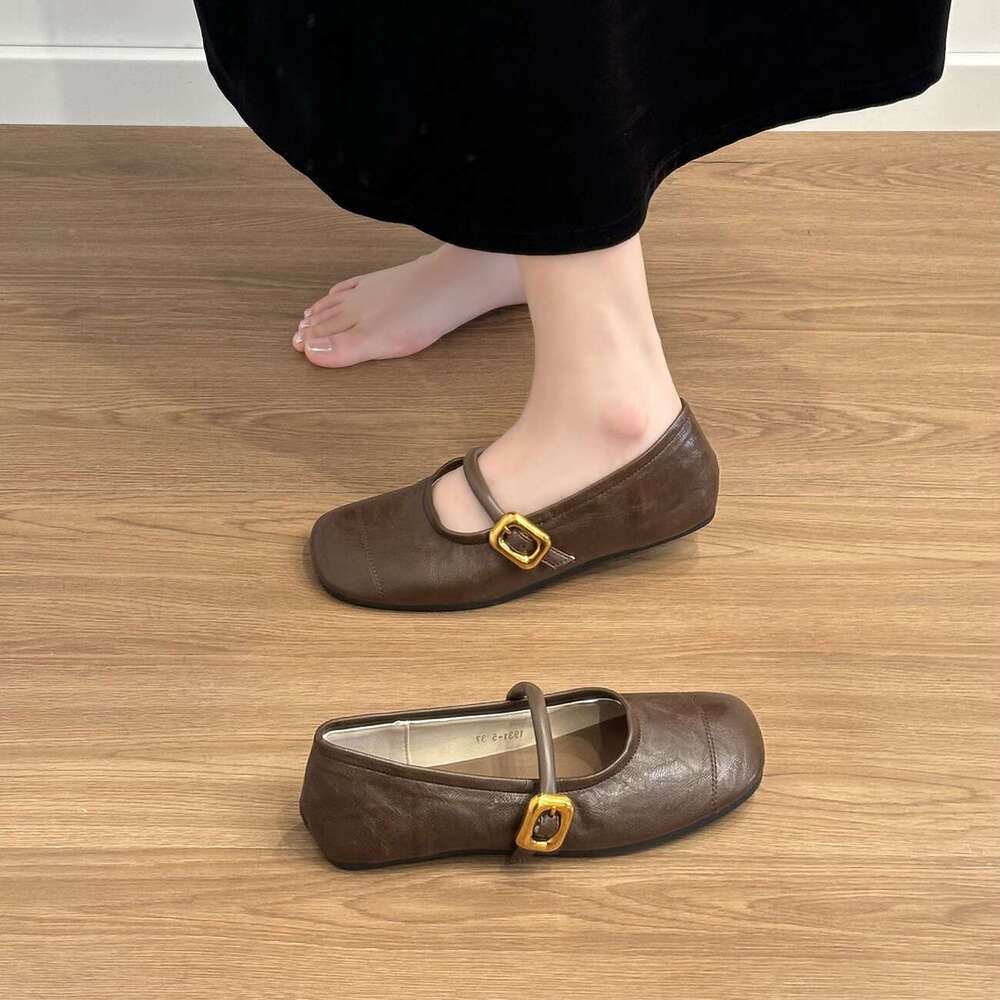 Sheepskin Version ~ Genuine Leather Flat Square Toe Shallow Mouth Mary Jane for Women 2024 New Style One-Strap Versatile Commuter Single Shoes