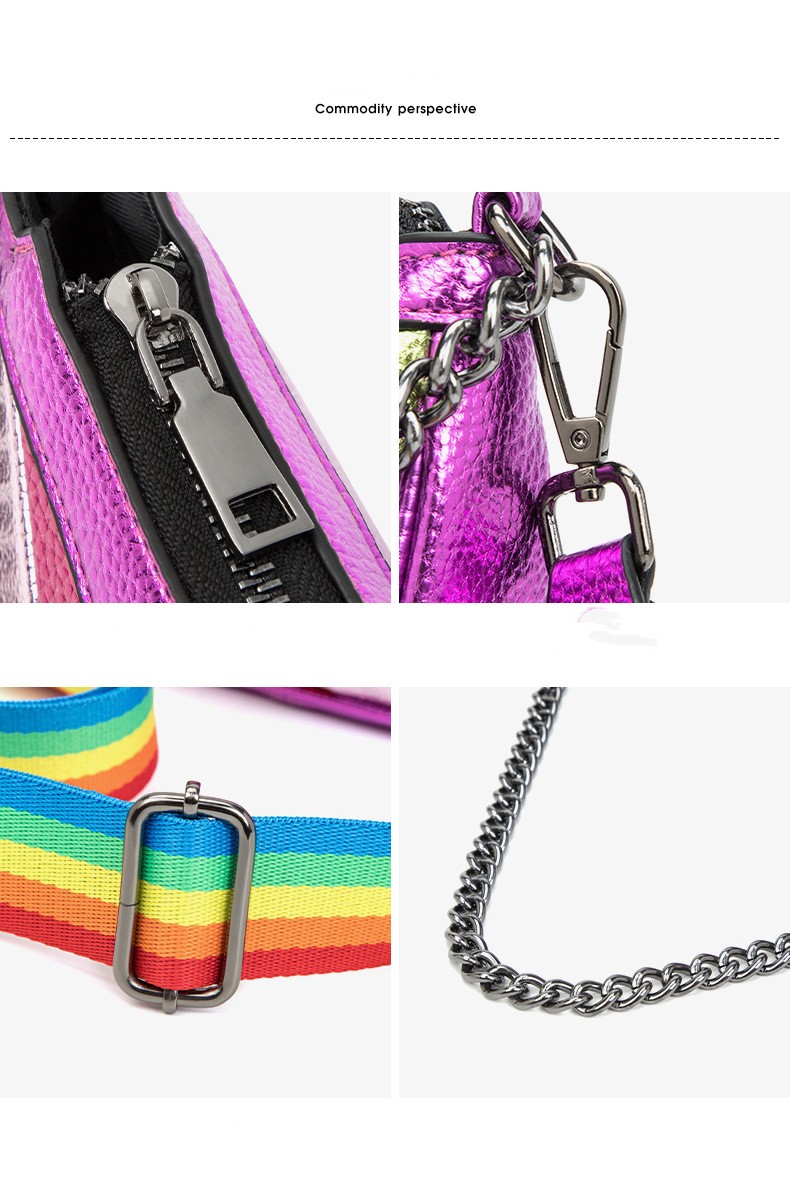 Women's Color Blocking Splicing Wide Chain Crossbody Bag Ladies PU Rainbow Handbag Ins Niche Design Adult Girls Shoulder Bag