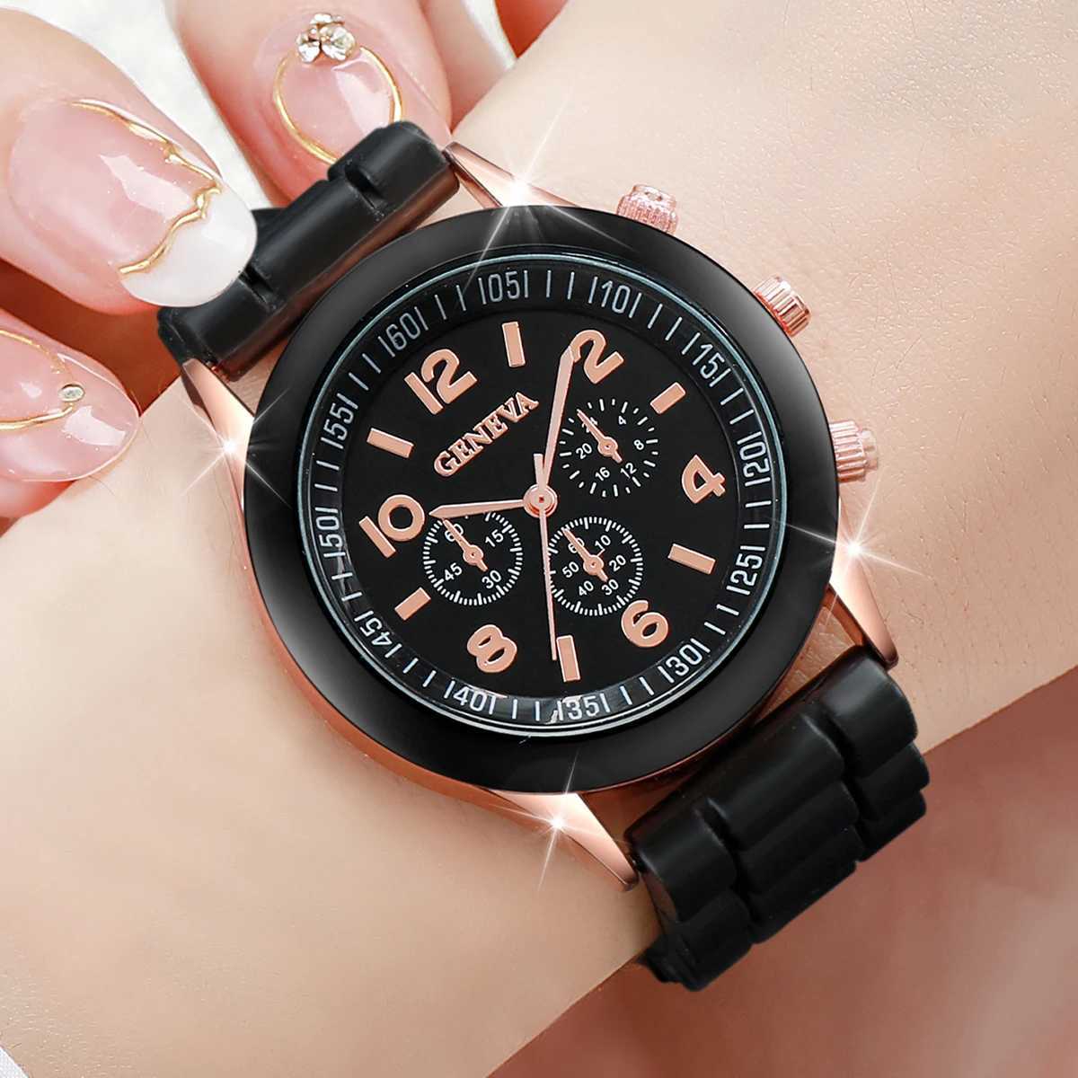 3PCs/Set Fashion Women Silicone Watch White Red Black Colors Quartz Watch Set XJ250527