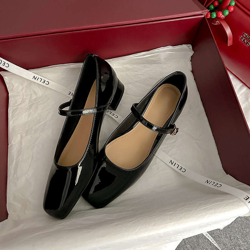Cowhide Version French Mary Jane for Women, Autumn Square Toe Shallow Mouth Chunky Heel Single Shoes with One-Strap High Heels