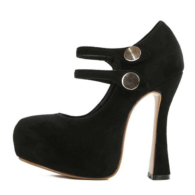 Liyke Fashion Chic Double Buckle Strap Women Platform Pumps Sexy Black Round Toe 13CM Super High Heels Party Club Stripper Shoes