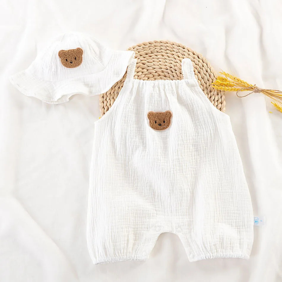 Baby Jumpsuit born Summer Casual Onesie Boys Girls Bear Sleeper Infant Birthday Muslin One-Piece White Beige Romper with Hat 250528