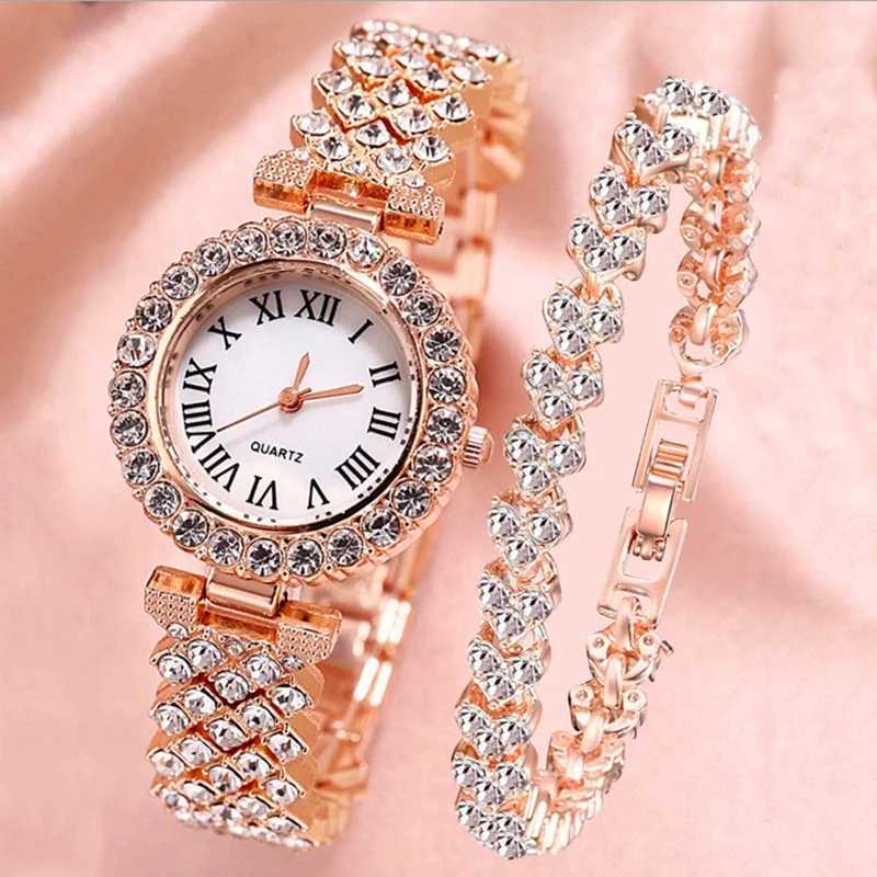 2PCS/Set Womens Watch Fashion Rhinestone Roma Dial Quartz Watches Stainless Steel Band Wrist Watch Bracelet Set XJ250527