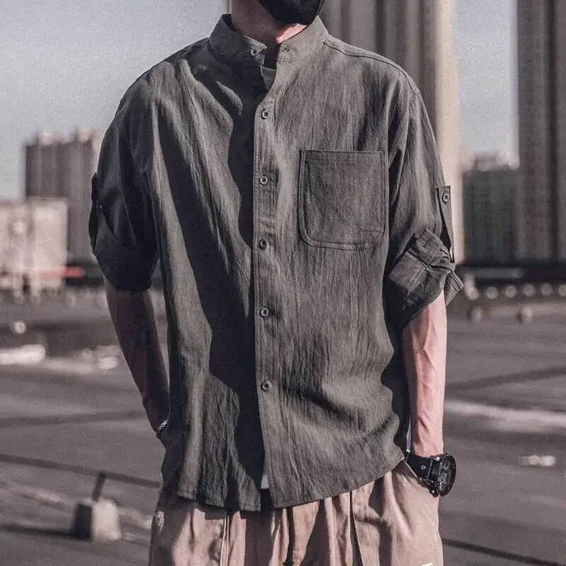 Mens Shirt with Pocket Plain Linen Male Shirts Clothing High Quality Casual Regular Japanese Vintage I Sleeves 250527