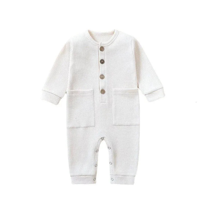 Spring Autumn born Baby Romper Cotton Solid Soft Infant Jumpsuit With Pocket Girl Boy Long Sleeve Bebe Pajamas Wodden Buttons 250528