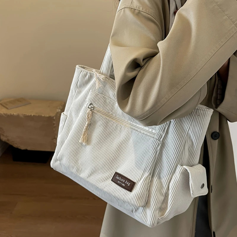 Simple Corduroy Tote Bag Solid Color Shoulder Bag Retro Multi Pockets Handbag For School Work Shopping 250523