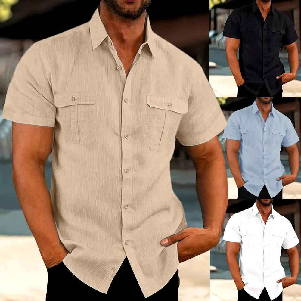 Mens Double Pocket Cotton Linen Shirt Short Sleeve Casual Solid Color Shirts for Men Breathable Holiday Beach Trendy Shirt 250527