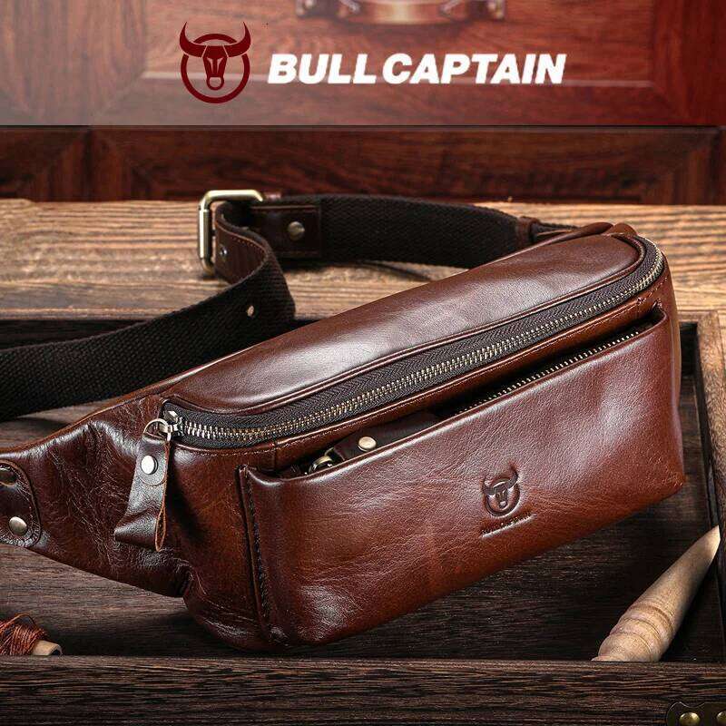 BULLCAPTAIN Men's Genuine Leather Waist Casual Retro Mountaineering Multifunctional Latch Lock Crossbody Chest Bag