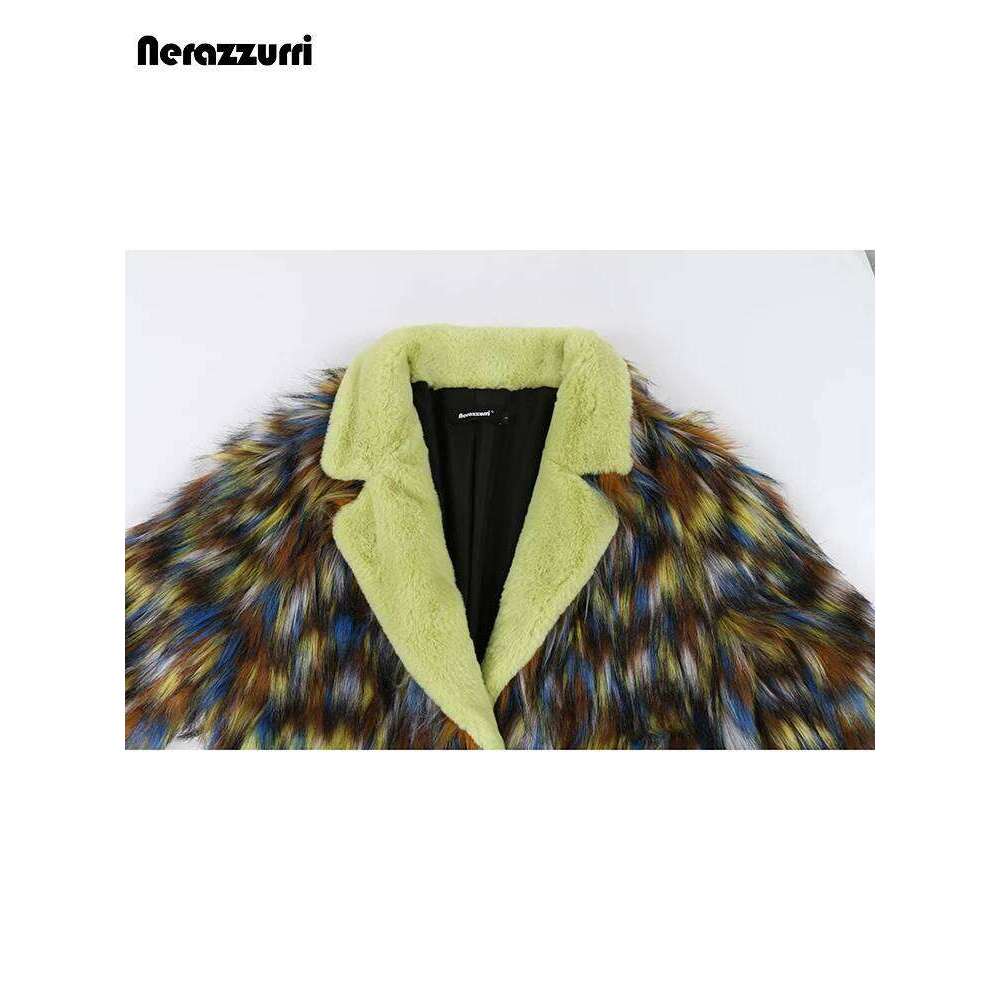 Nerazzurri Winter Long Thick Warm Colorful Hairy Shaggy Patchwork Faux Fox Fur Coat Women Fluffy Furry Overcoat 2023