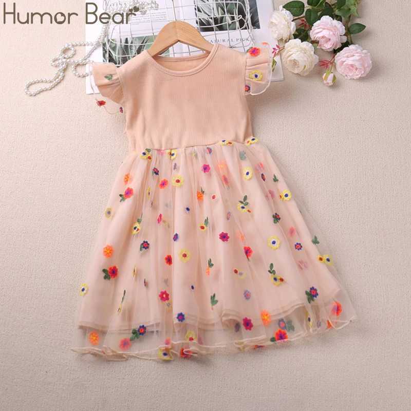 Humor Bear Girls New Summer Clothes Fly Sleeve Print Splice Sweet and Cute Mesh Dress Gentle Style Vestidos Casual Outfit 2-6Y X250528