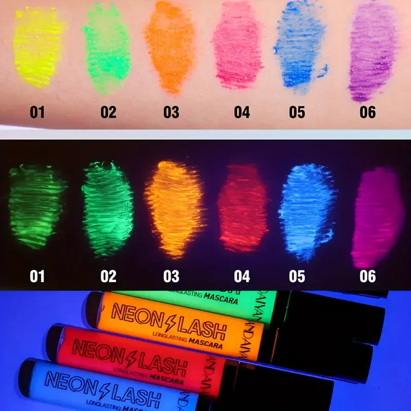 6Pcs Fluorescence Mascara Waterproof No Blooming Fast Dry Colorful Neon Eyelashes Curling Yellow Lengthens Eye Lashes Cosmetics 250523