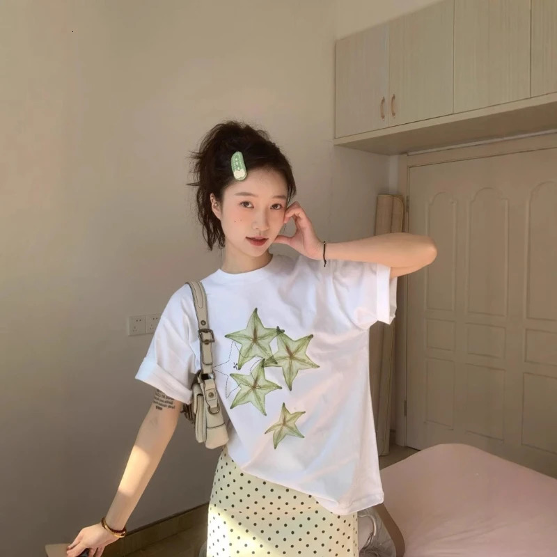 Carambola Printing White Short Sleeve Tshirt Women Summer Korean Style Commuting Tops Lady Versatile Loose Leisure 250517