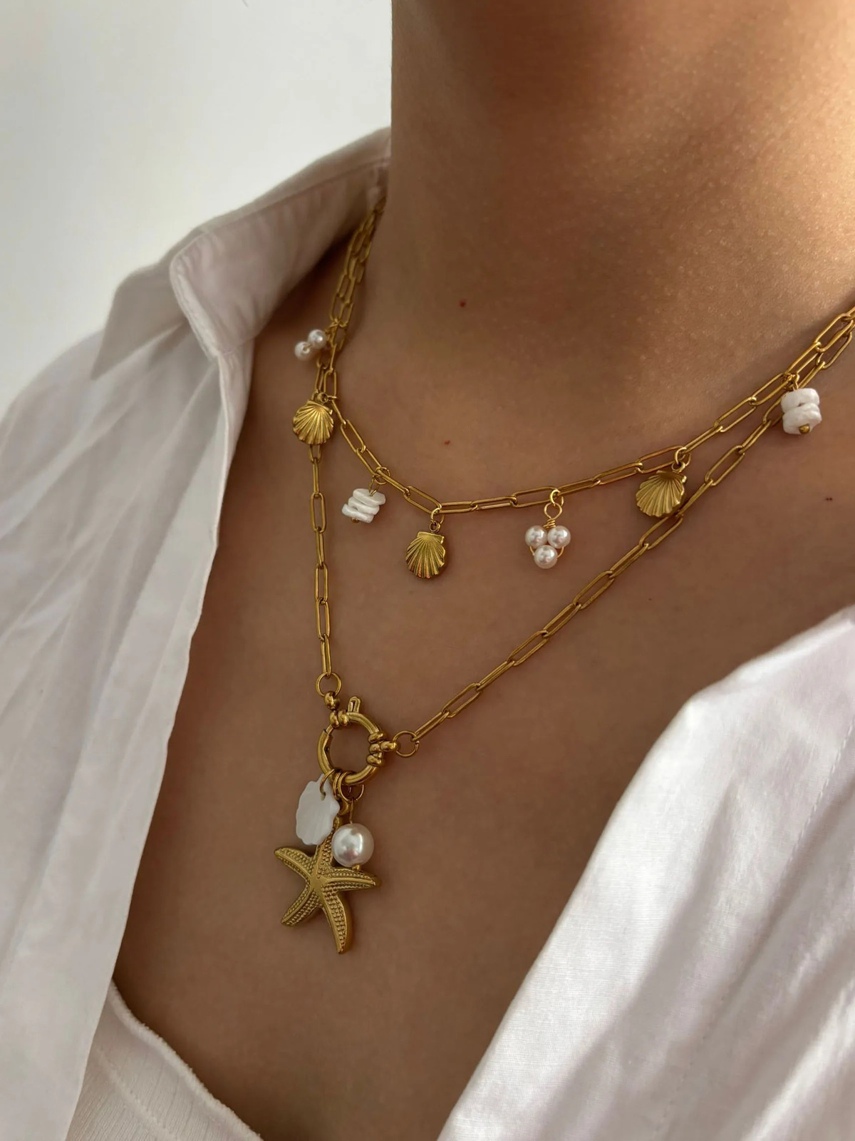 GHIDBK Fashion Stainless Steel Starfish Shell Pearl Pendant Necklaces for Women Beach Party Stackable Jewelry 2025 250522