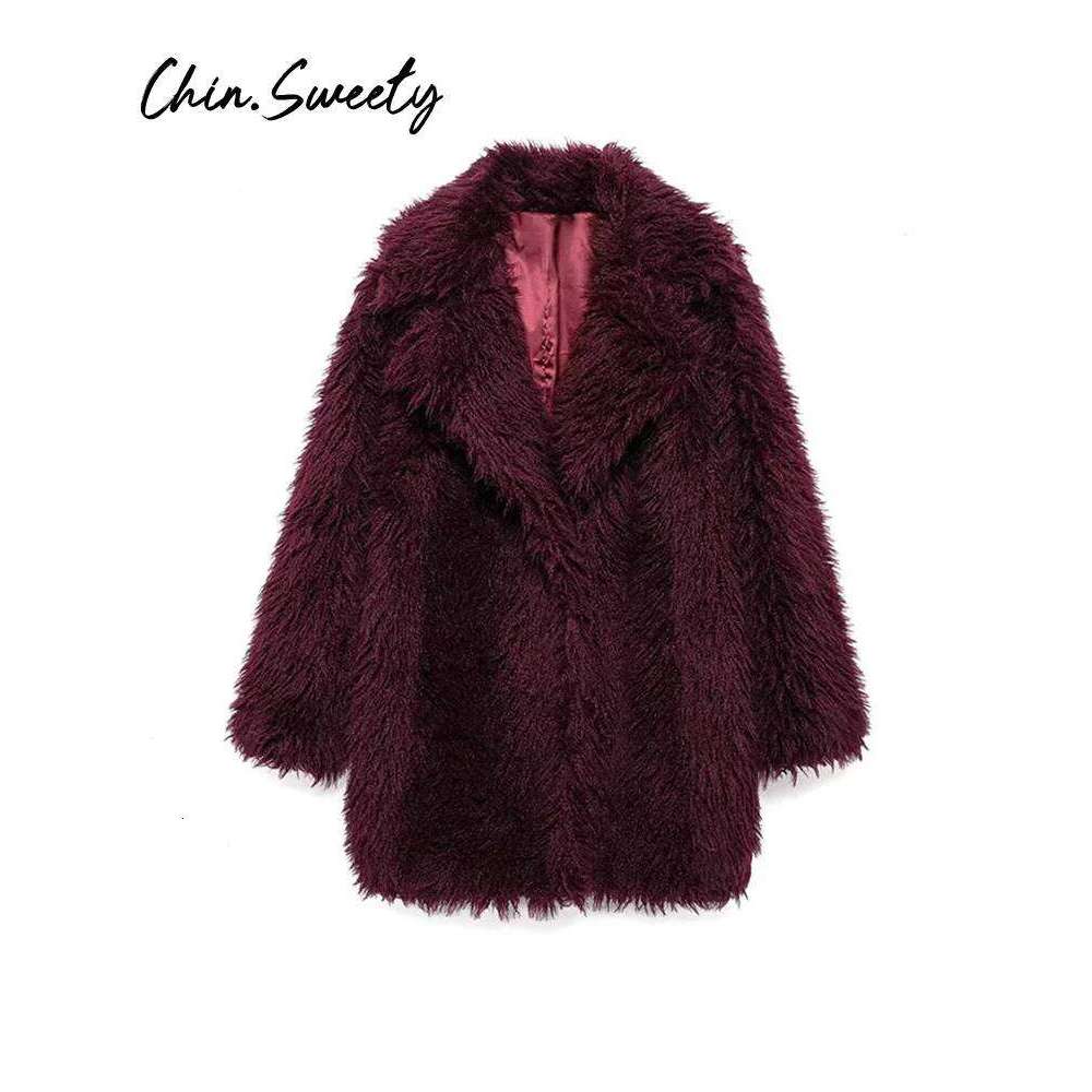 Bury Women Faux Fur Coat Casual Lapel Full Sleeve Female Plush Overcoat 2024 Autumn Winter Lady Chic Streetwear
