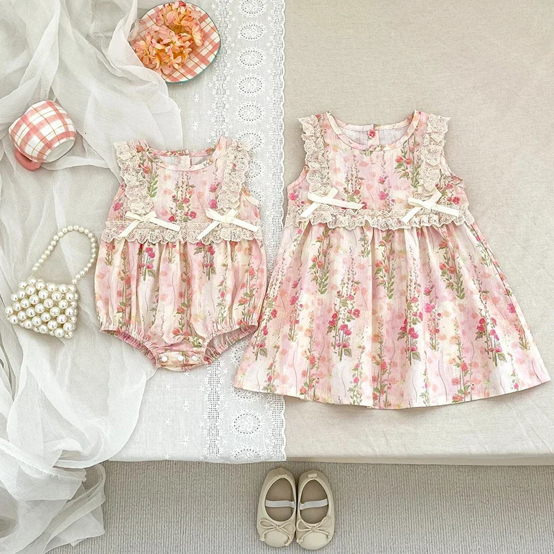 Family Matching Sister Outfit Summer Baby Girl Clothes Pink Lace Bow Flower Girls Dress Cotton Romper Princess 250528