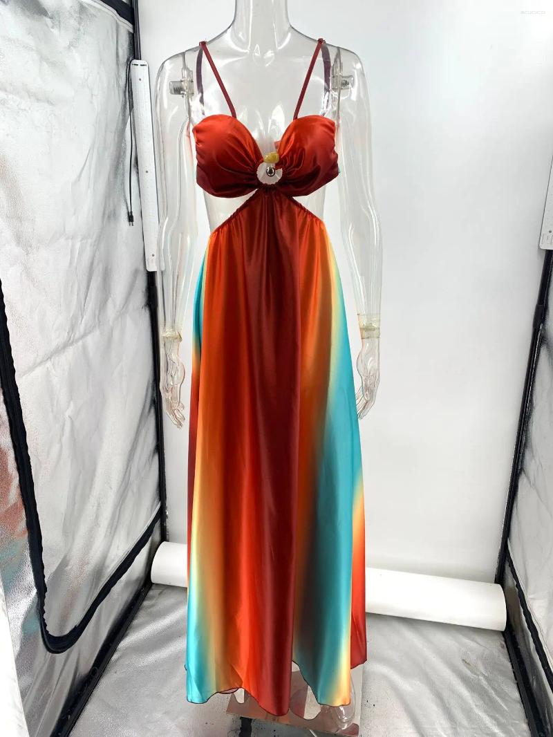 Casual Dresses Sexy Gradient Hollow Out Maxi Dress Women Backless Sleeveless Sling Long 2025 Summer Vacation Boho Beach Satin Robes