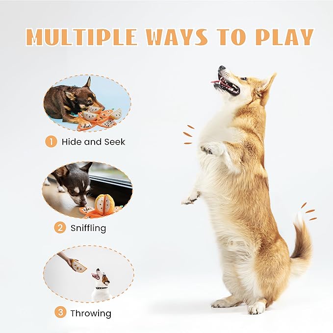 Hide and Seek Plush Dog Toys, Tangerine Interactive Dog Toy, Puppy Squeaky Toy with Crinkle Papers, Puzzle Toy for Boredom, Pet Plaything for Small Me