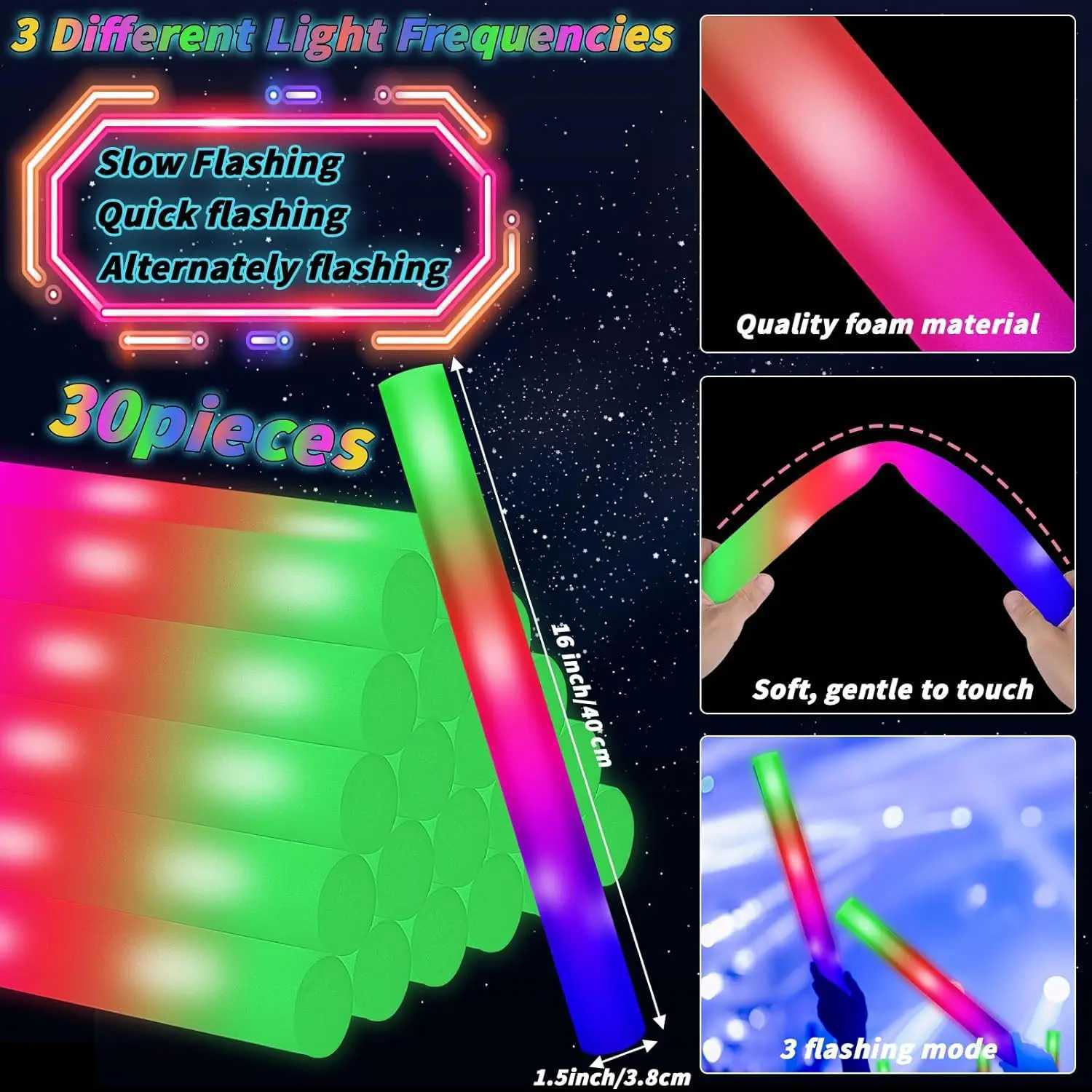 60-Pack LED Glow Party Set Glasses Foam Sticks Neon Favors for Disco Wedding Birthday Raves W250528