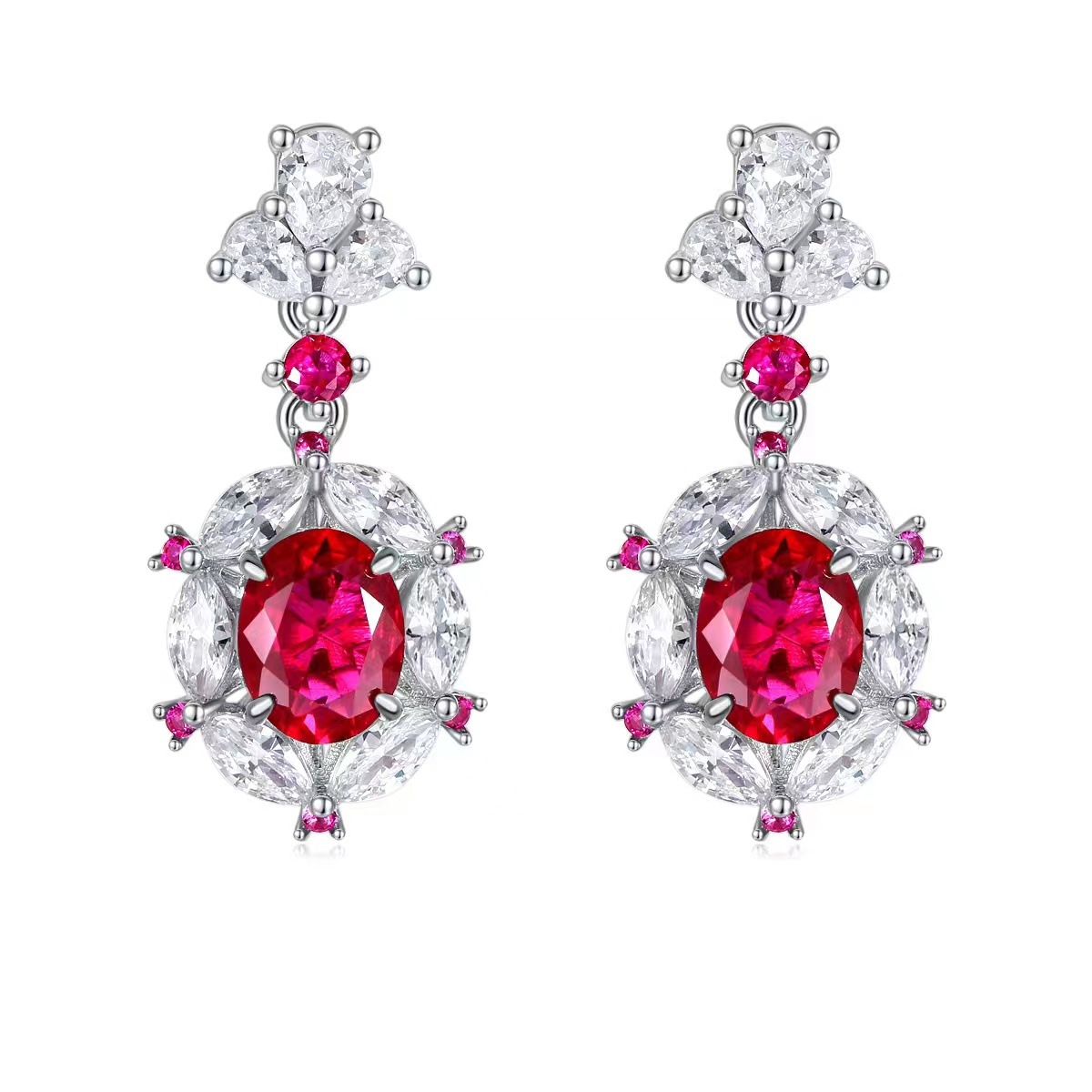 Hot Sale S925 Sterling Silver Simulated Pigeon Blood Ruby 7x9mm Stud Earrings, Long Drop Earrings for Women, Elegant Luxury Jewelry
