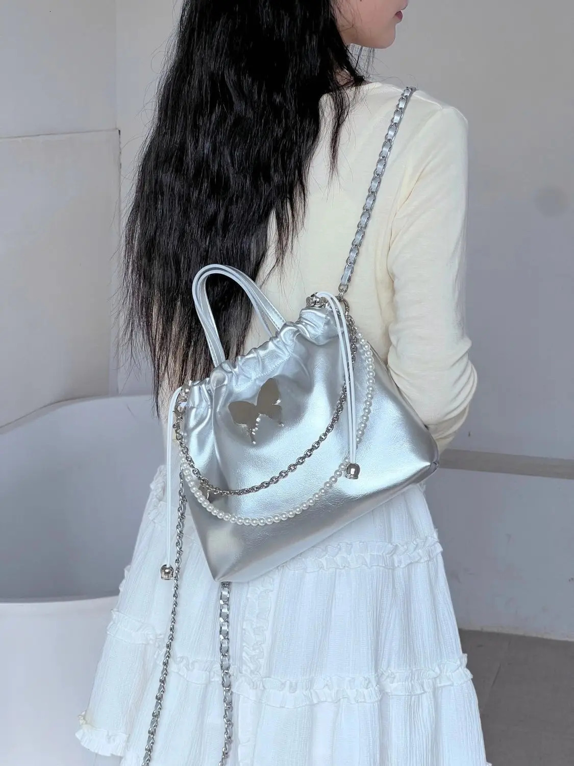 JIAERDI Sweet Silver Y2k Mochila Women Harajuku Vintage Leather Pearl Chic Mini Backpacks Ladies Fairycore Backpack Aesthetic 250527