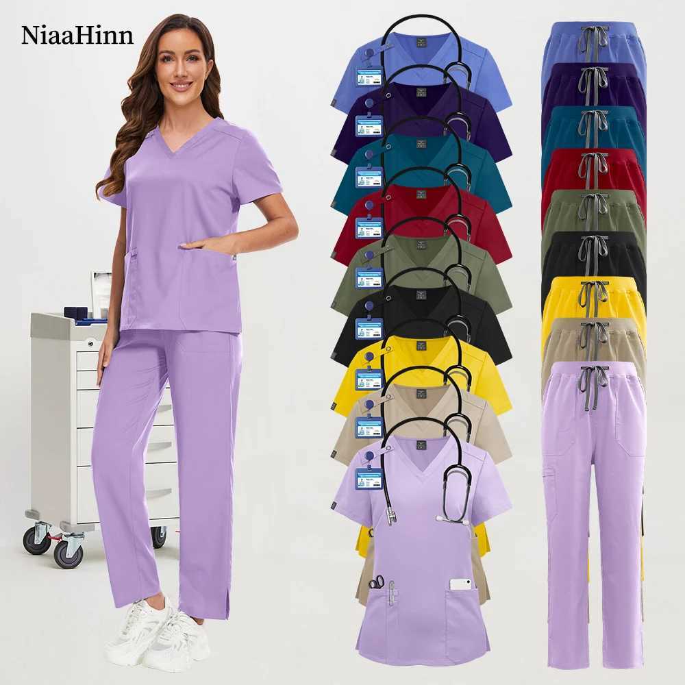 Niaahinn Spa Uniform Women Scrubs Suit Short Slved V-neck Surgical Nursing Set Multicolor Pet Grooming Doctor Medical Workwear X250528