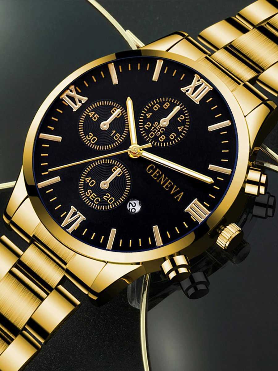 4pcs gold alloy Roman with calendar mens quartz watch and cross necklace bracelet ring set selected gift XJ250527