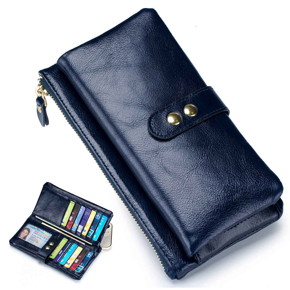 Free Shipping Designer Wallet Oil Wax Long Genuine Leather Multi-card Slot Card Holder Cowhide Multi-function Wallet Phone Bag Fashionable Handbag