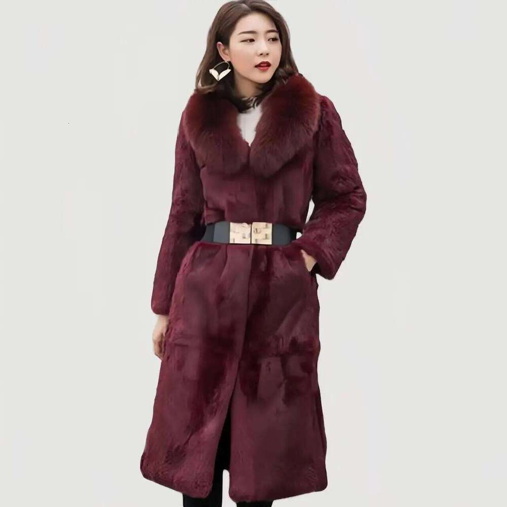 Real genuine natural full pelt rabbit coat with fox fur collar women fashion jacket custom any size 2024