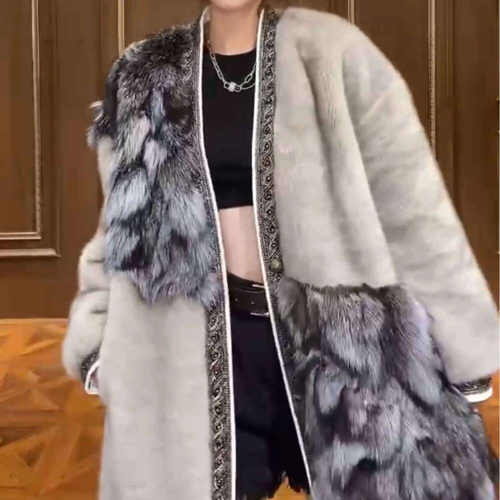 Women's New Fox with European Mink Jacket Long-Sleeved Coats Mid-Length Winter Warm Slimming Fashion Fur Coat